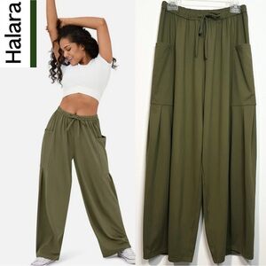 Halara Mid Rise Elastic Waistband Drawstring Side Pocket Wide Leg Olive Pants